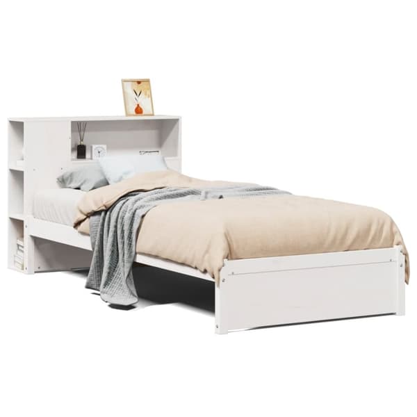 vidaXL Säng med bokhylla utan madrass vit 90x190cm massiv furu