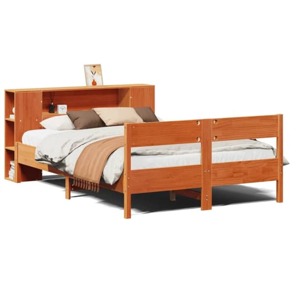 vidaXL Seng med bokhylle uten madrass voksbrun 135x190 cm heltre furu