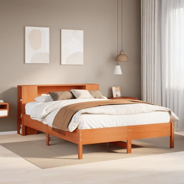 vidaXL Seng med bokhylle uten madrass voksbrun 120x200 cm heltre furu