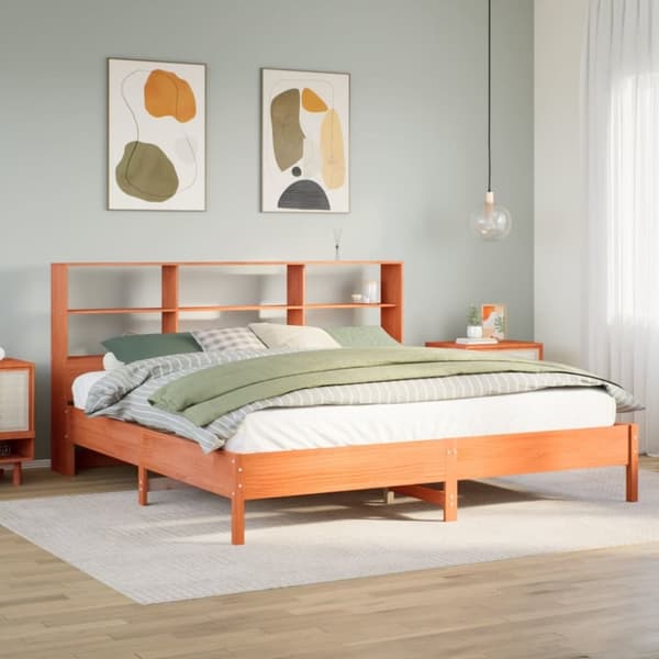 vidaXL Seng med bokhylle uten madrass voksbrun 200x200 cm heltre furu