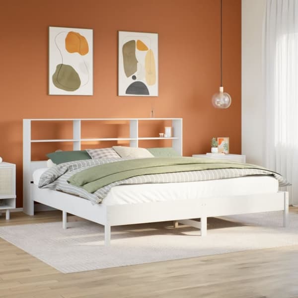 vidaXL Sänky kirjahyllyllä ei patjaa valkoinen 200x200 cm täysi mänty