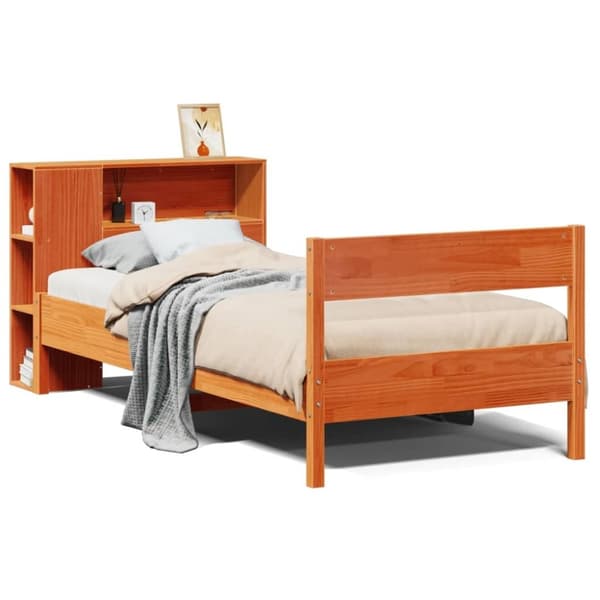 vidaXL Seng med bokhylle uten madrass voksbrun 90x190 cm heltre furu