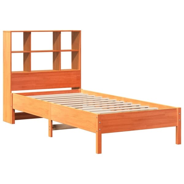 vidaXL Säng med bokhylla utan madrass vaxad brun 90x200 cm massiv furu