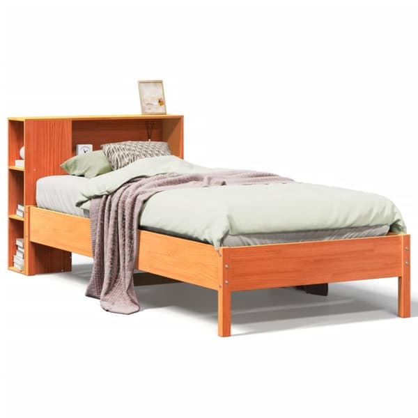 vidaXL Seng med bokhylle uten madrass voksbrun 75x190 cm heltre furu
