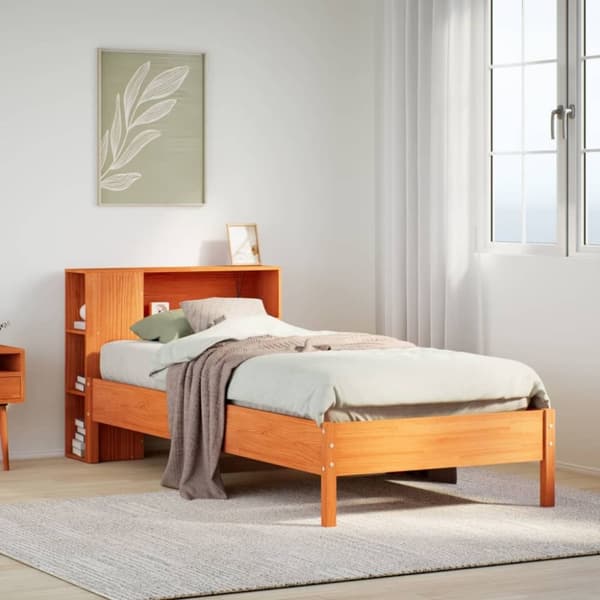 vidaXL Seng med bokhylle uten madrass voksbrun 75x190 cm heltre furu