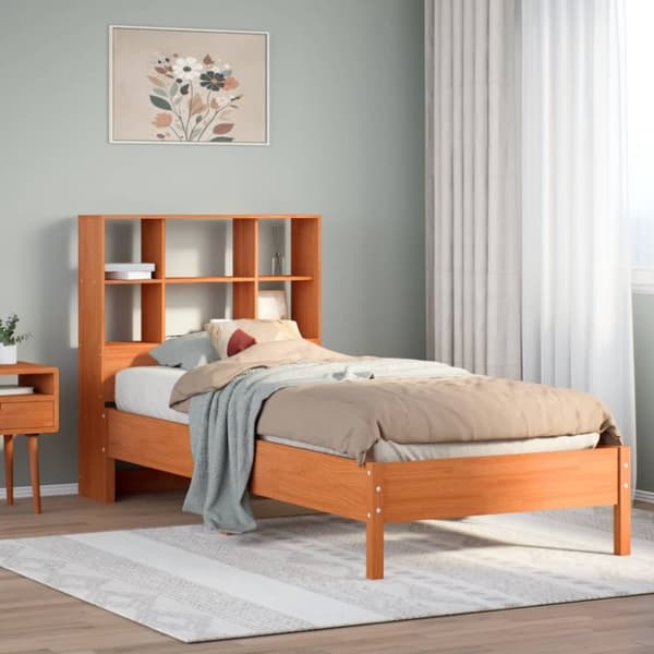vidaXL seng med reol uden madras 75x190 cm massivt fyrretræ gyldenbrun