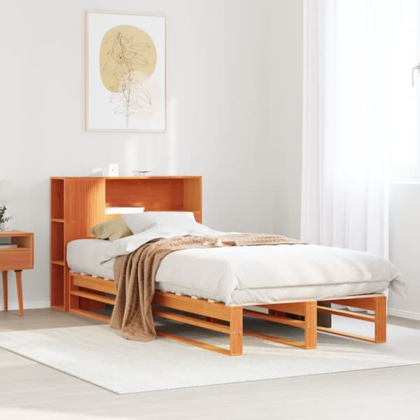 vidaXL seng med reol uden madras 90x190 cm massivt træ gyldenbrun