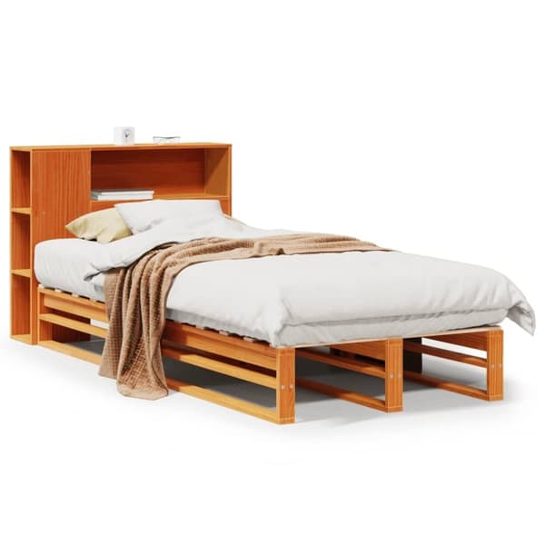 vidaXL seng med reol uden madras 90x190 cm massivt træ gyldenbrun