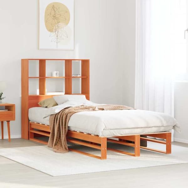 vidaXL Seng med bokhylle uten madrass voksbrun 90x190 cm heltre