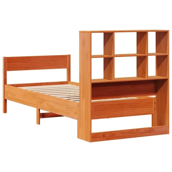 vidaXL Seng med bokhylle uten madrass voksbrun 75x190 cm heltre furu