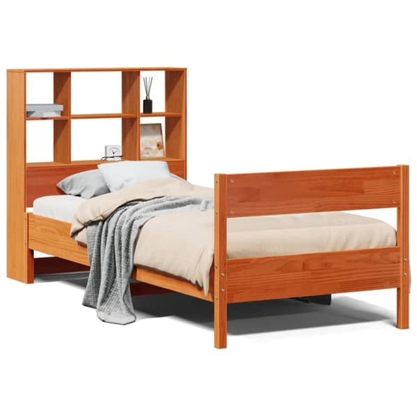 vidaXL Seng med bokhylle uten madrass voksbrun 75x190 cm heltre furu