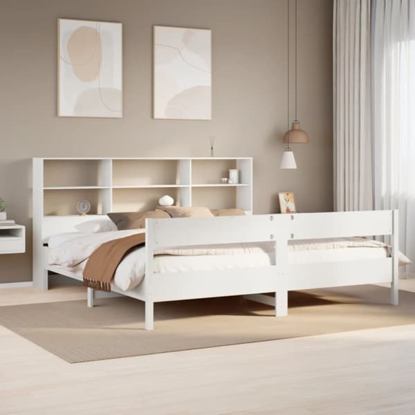 vidaXL Seng med bokhylle uten madrass hvit 200x200 cm heltre furu