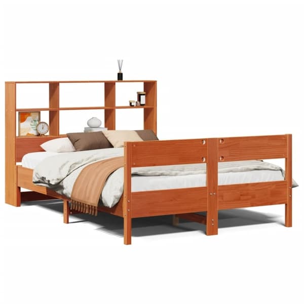 vidaXL Seng med bokhylle uten madrass voksbrun 140x200 cm heltre furu