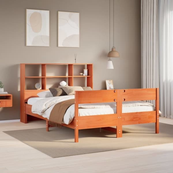 vidaXL Seng med bokhylle uten madrass voksbrun 135x190 cm heltre furu