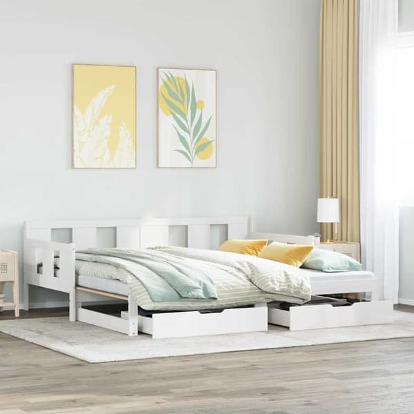vidaXL Vuodesohva rullilla ja laatikoilla ei patjaa valkoinen 90x200cm