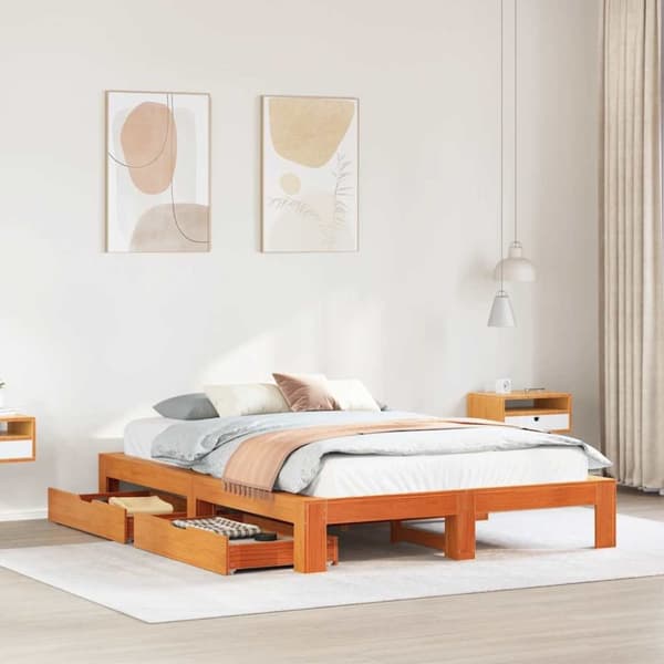 vidaXL sengeramme uden madras 140x190 cm massivt fyrretræ gyldenbrun