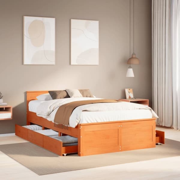 vidaXL Sängynrunko ilman patjaa vahanruskea 135x190 cm täysi mänty
