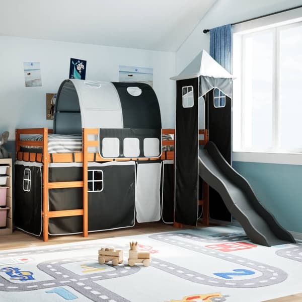 vidaXL Lasten parvisänky tornilla mustavalkoinen 90x190 cm täysi mänty