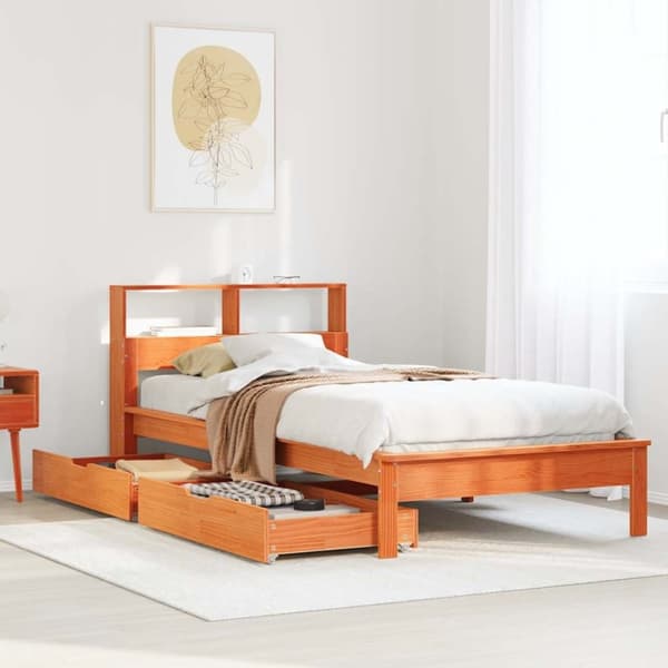 vidaXL Sänky/kirjahylly ilman patjaa vahanruskea 75x190 cm täysi mänty