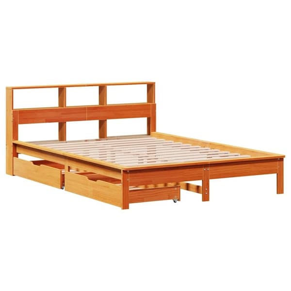 vidaXL seng med reol uden madras 135x190cm massivt fyrretræ gyldenbrun