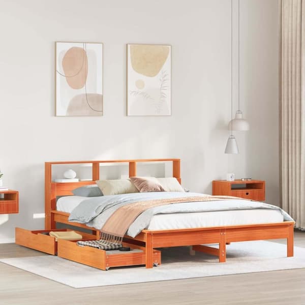 vidaXL seng med reol uden madras 135x190cm massivt fyrretræ gyldenbrun