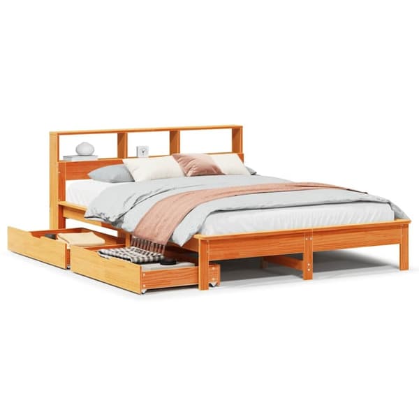 vidaXL seng med reol uden madras 135x190cm massivt fyrretræ gyldenbrun