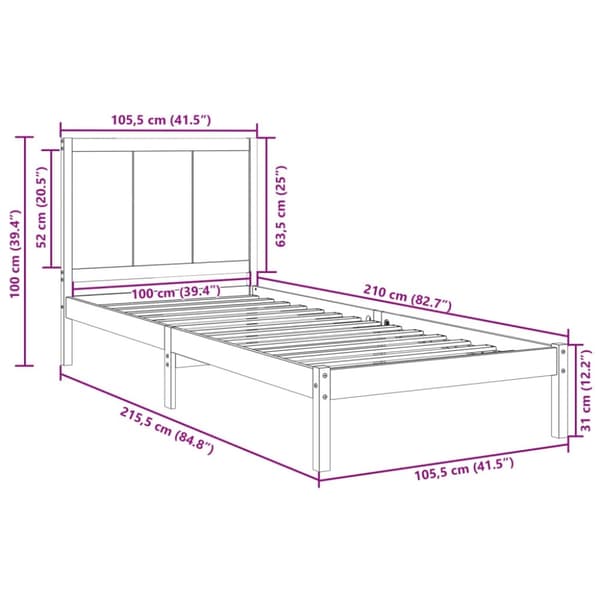 vidaXL Sängynrunko erikoispitkä ilman patjaa 100x210 cm massiivipuu
