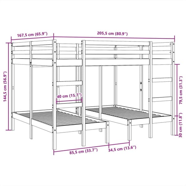 vidaXL Trippel ramme for køyeseng hvit 160x200/80x160 cm heltre furu