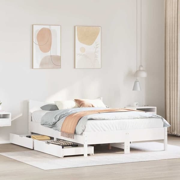 vidaXL Sengeramme med skuffer hvit 135x190 cm heltre furu