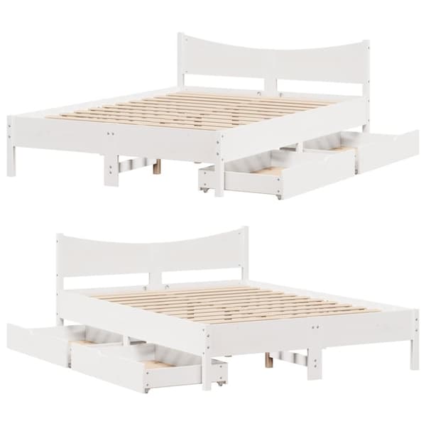 vidaXL Sengeramme med skuffer hvit 135x190 cm heltre furu