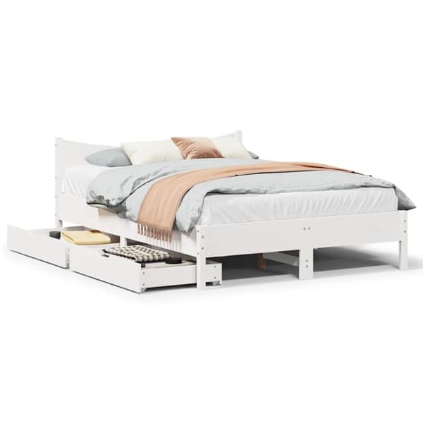 vidaXL Sengeramme med skuffer hvit 135x190 cm heltre furu