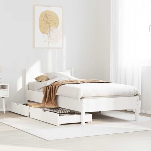 vidaXL Sängynrunko laatikoilla valkoinen 75x190 cm täysi mänty