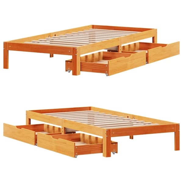 vidaXL Sängynrunko laatikoilla vahanruskea 100x200 cm täysi mänty