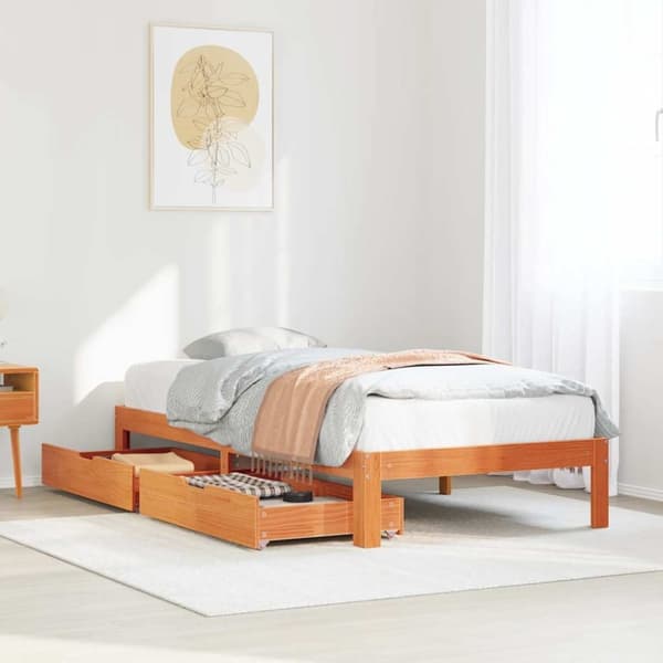vidaXL Sängynrunko laatikoilla vahanruskea 100x200 cm täysi mänty