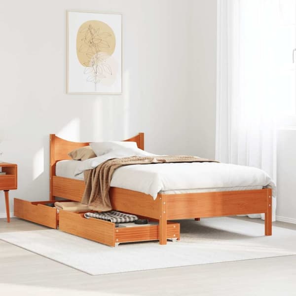 vidaXL Sengeramme med skuffer voksbrun 75x190 cm heltre furu