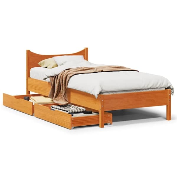 vidaXL Sengeramme med skuffer voksbrun 75x190 cm heltre furu