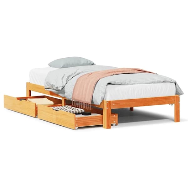 vidaXL Sängynrunko laatikoilla vahanruskea 90x190 cm täysi mänty