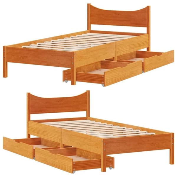 vidaXL Sängynrunko laatikoilla vahanruskea 100x200 cm täysi mänty