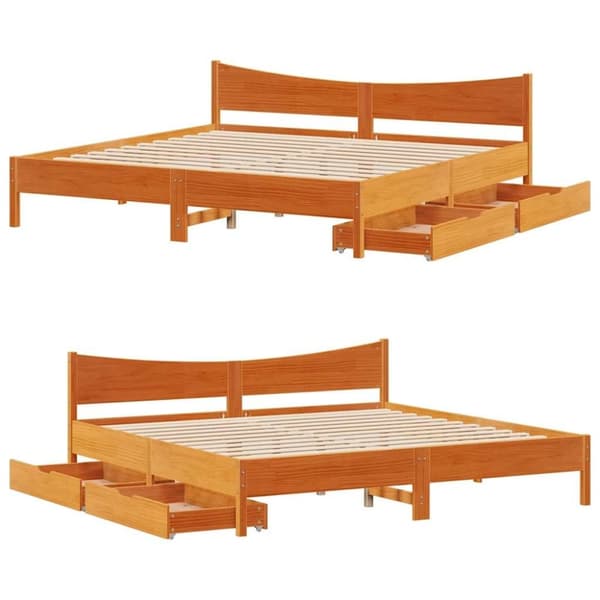 vidaXL Sängynrunko laatikoilla vahanruskea 200x200 cm täysi mänty