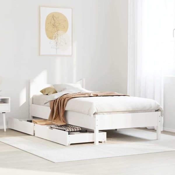 vidaXL Sengeramme med skuffer hvit 100x200 cm heltre furu