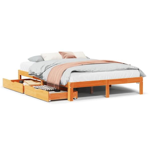 vidaXL sengeramme med skuffer 135x190 cm massivt fyrretræ brun