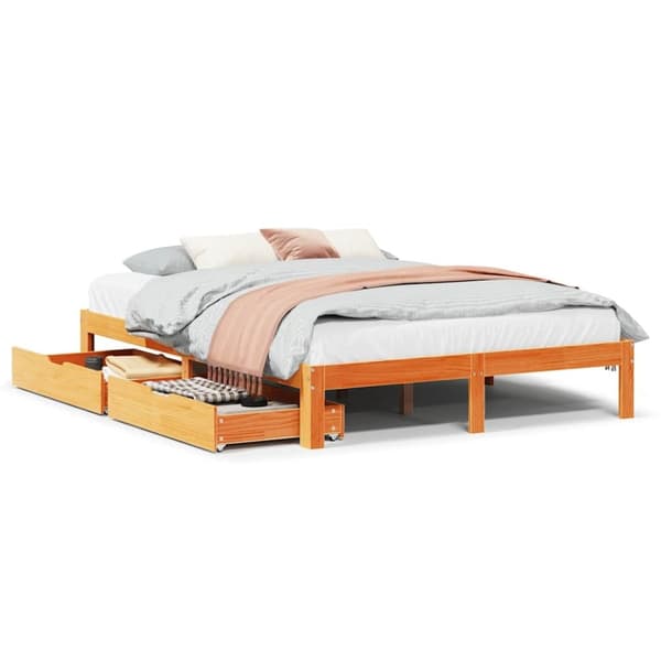 vidaXL Sengeramme med skuffer voksbrun 135x190 cm heltre furu