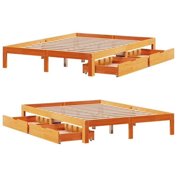 vidaXL Sengeramme med skuffer voksbrun 135x190 cm heltre furu