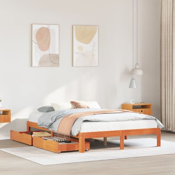 vidaXL Sengeramme med skuffer voksbrun 135x190 cm heltre furu