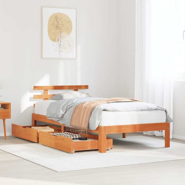vidaXL Sengeramme med skuffer voksbrun 75x190 cm heltre furu