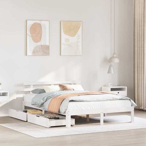 vidaXL Sengeramme med skuffer hvit 140x190 cm heltre furu