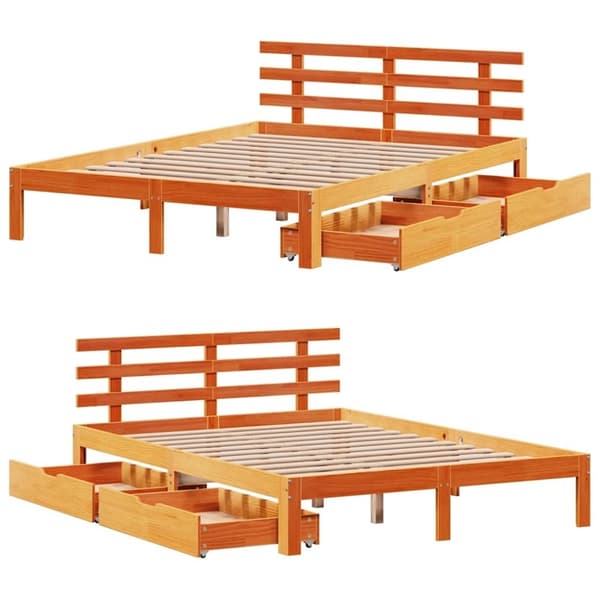 vidaXL Sengeramme med skuffer voksbrun 150x200 cm heltre furu