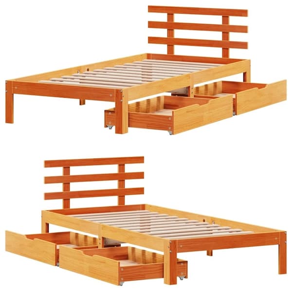 vidaXL Sängynrunko laatikoilla vahanruskea 100x200 cm täysi mänty