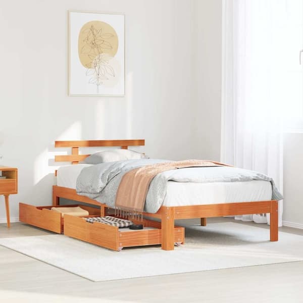 vidaXL Sängynrunko laatikoilla vahanruskea 100x200 cm täysi mänty