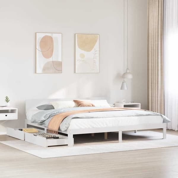 vidaXL Sengeramme med skuffer hvit 200x200 cm heltre furu
